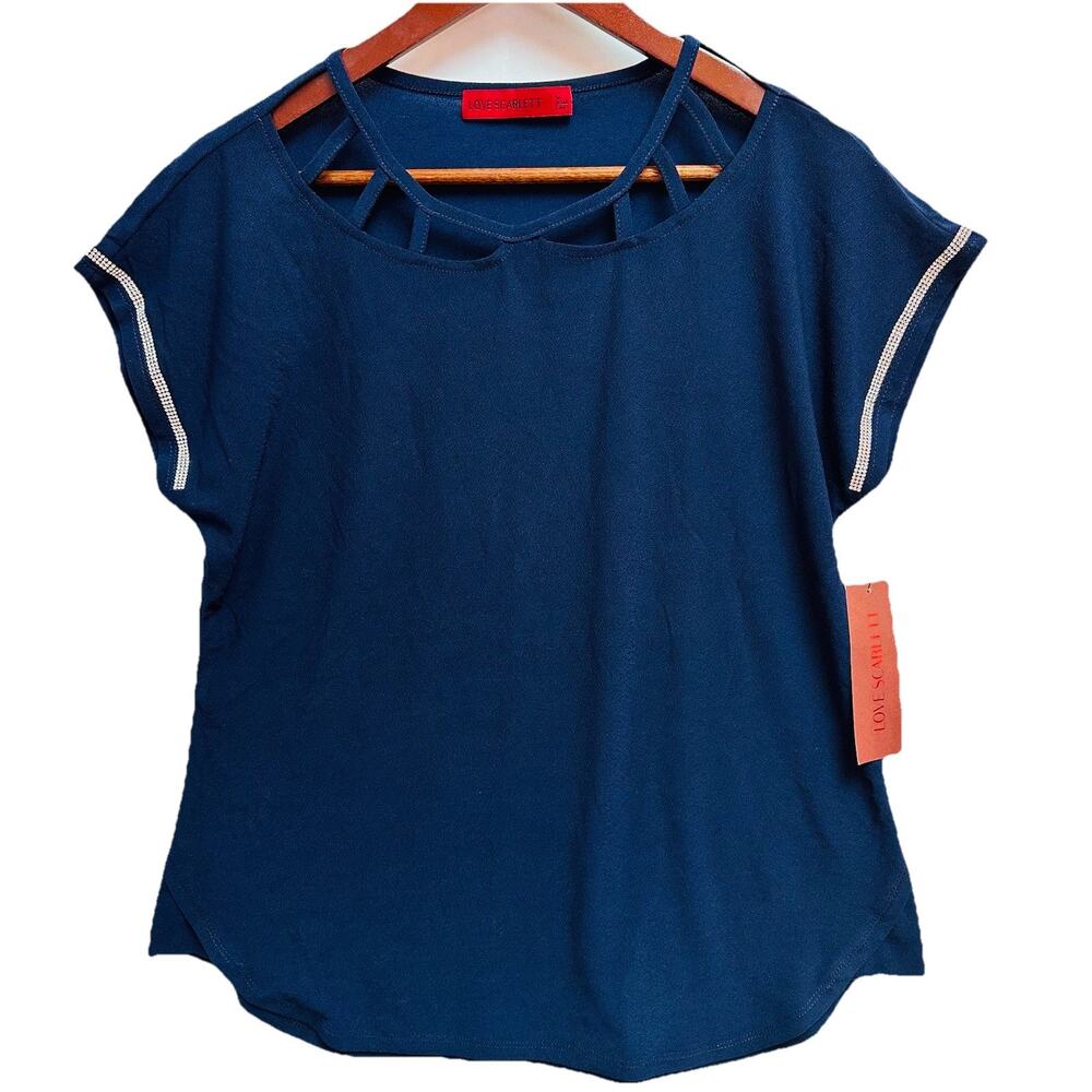 Navy Blue Short Sleeve Women’s Top Rhinestones Embellished Medium Love Scarlett